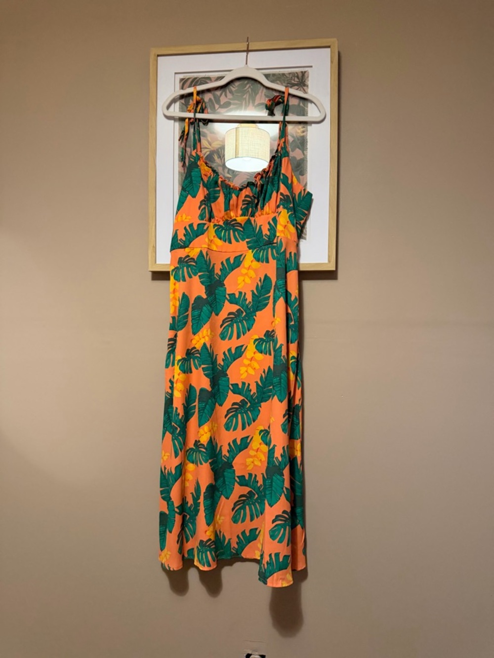 Bright Orange Tropical Leaf Tie-Strap Sundress